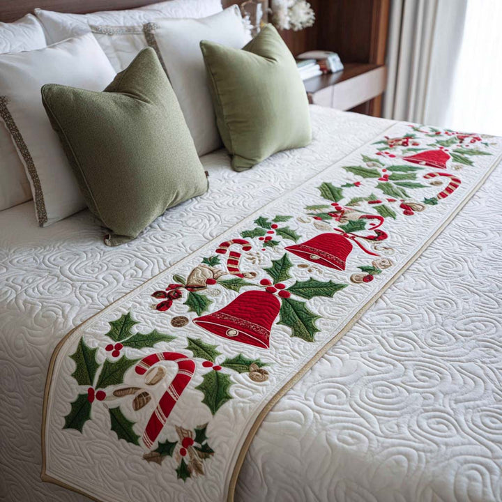 Candy Cane Bells Quilted Bed Runner
