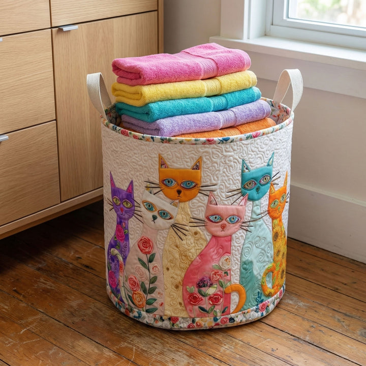 Cheerful Cat Patch Quilted Laundry Basket