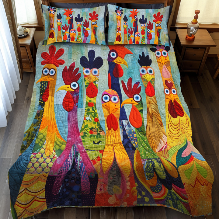 Chicken Vibrant Village 3-Piece Quilted Bedding Set