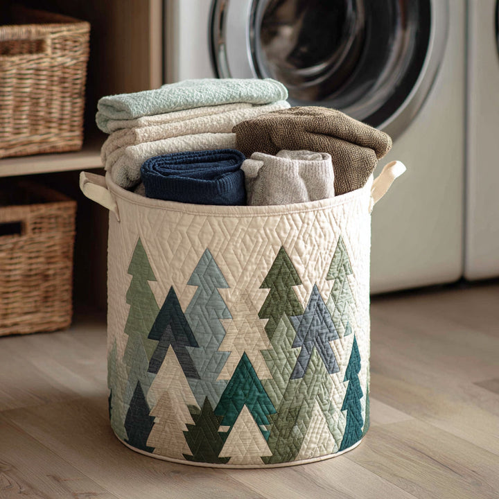 Christmas Green Trees Quilted Laundry Basket