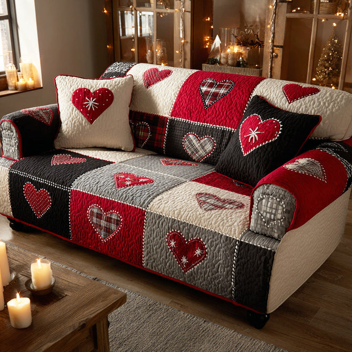 Cozy Heart Christmas Quilted Sofa Cover