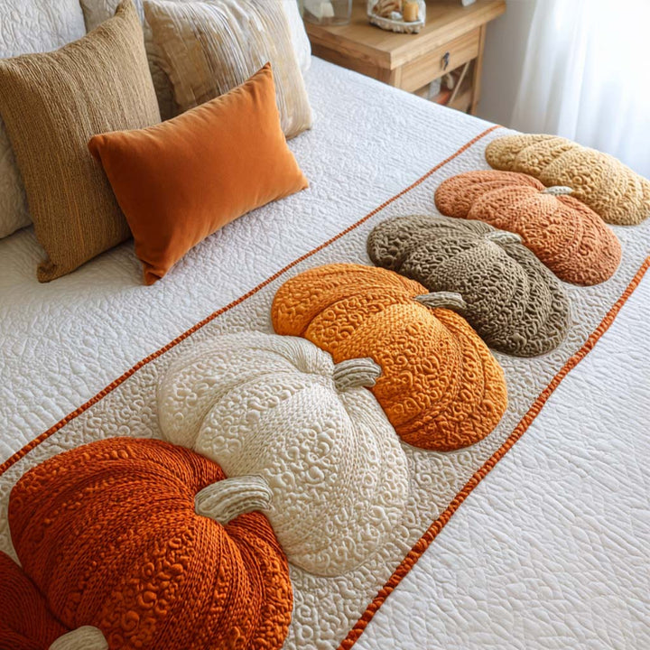 Cozy Knit Pumpkins Quilted Bed Runner