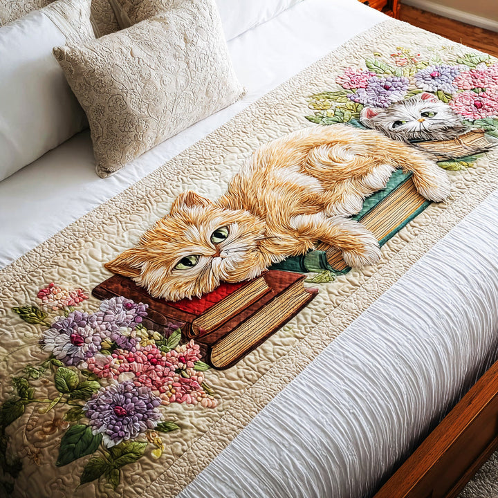 Curious Book Cat Quilted Bed Runner
