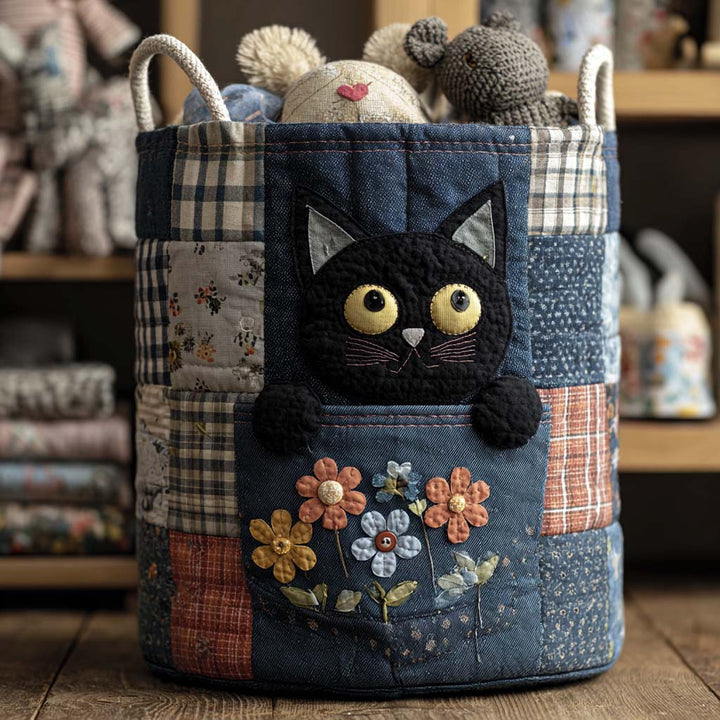 Denim Kitty Quilted Laundry Basket
