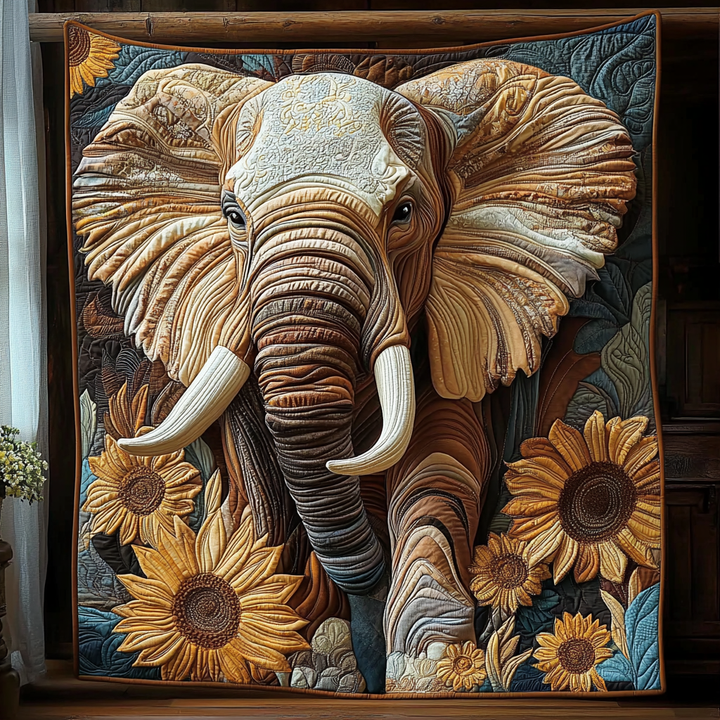 Elephant Sunflower March Quilted Blanket