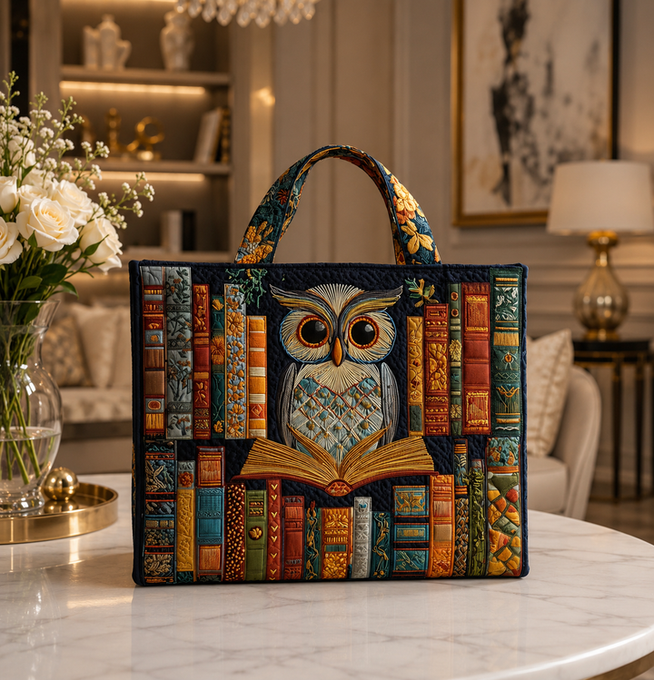 Quilted Tote Bag - Owl and Ancient Books