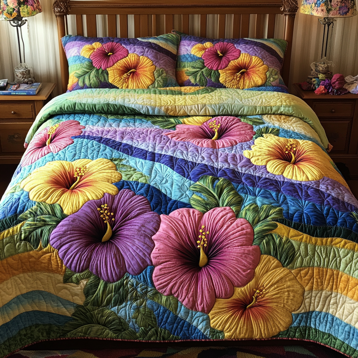 Hibiscus Harmony 3-Piece Quilted Bedding Set