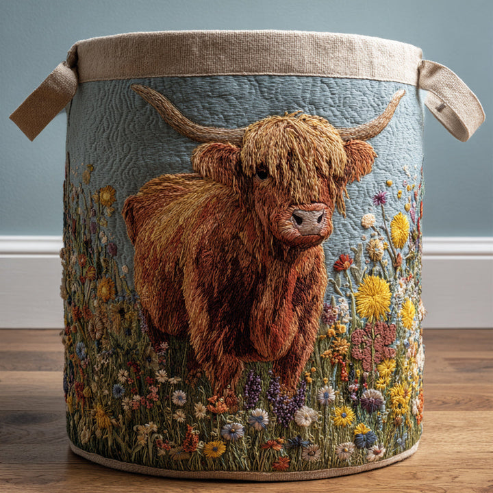 Highland Cow Blooms Quilted Laundry Basket