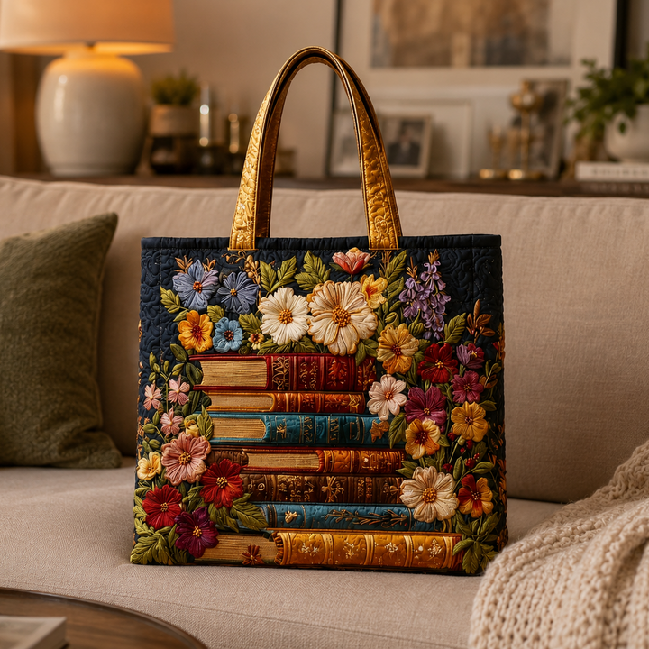 Quilted Tote Bag - Floral and book print