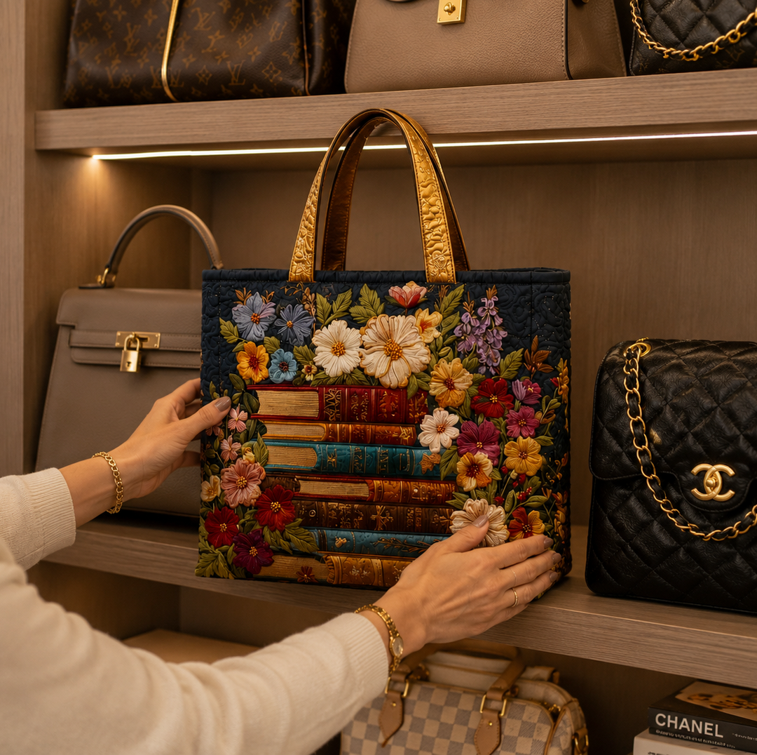 Quilted Tote Bag - Floral and book print