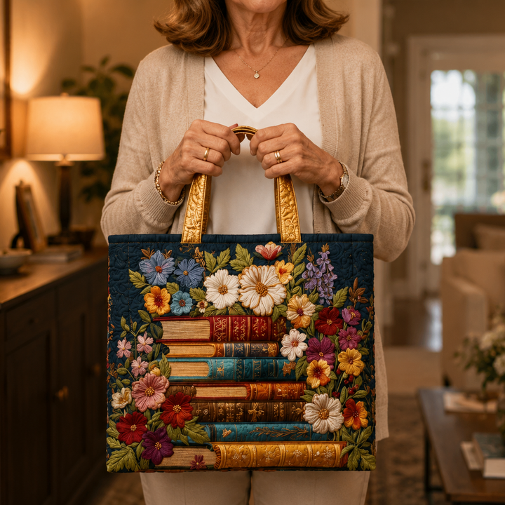 Quilted Tote Bag - Floral and book print