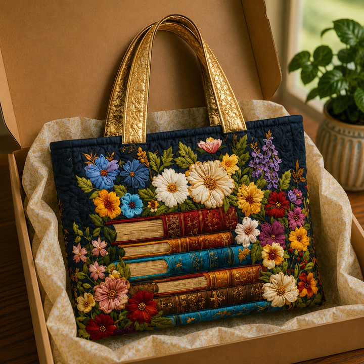 Quilted Tote Bag - Floral and book print
