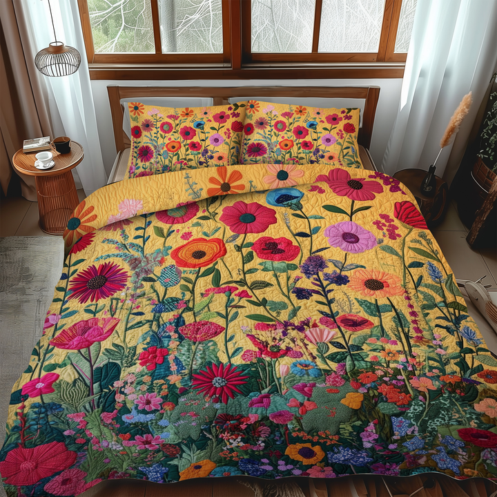 Kaleidoscopic Flowers 3-Piece Quilted Bedding Set