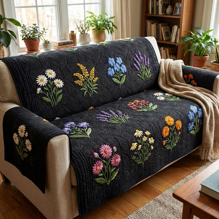 Midnight Flower Field Quilted Sofa Cover