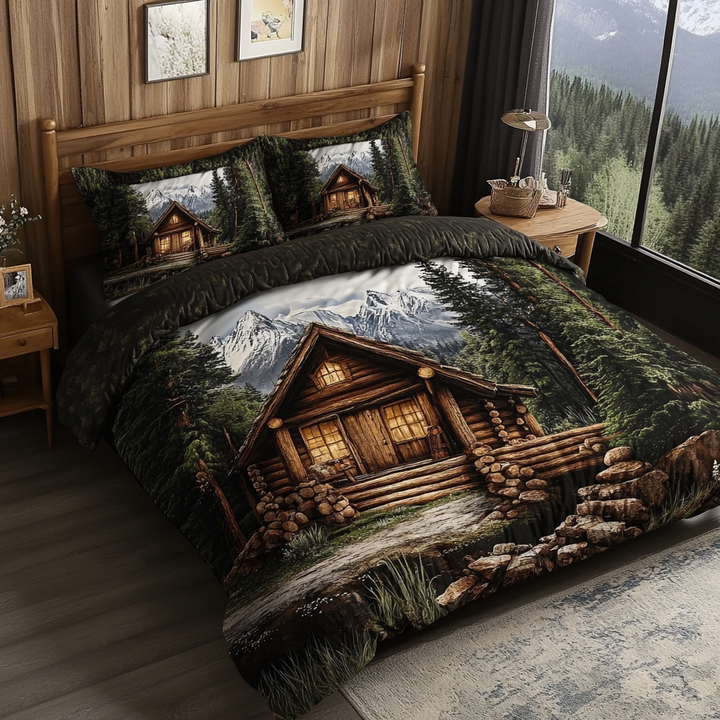 Mountain Log Cabin 3-Piece Quilted Bedding Set