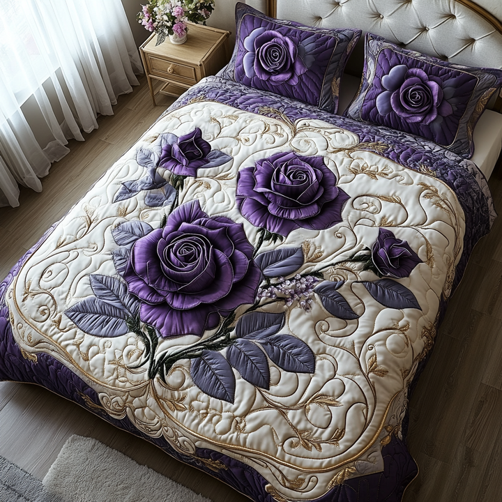Mystic Violet Rose 3-Piece Quilted Bedding Set