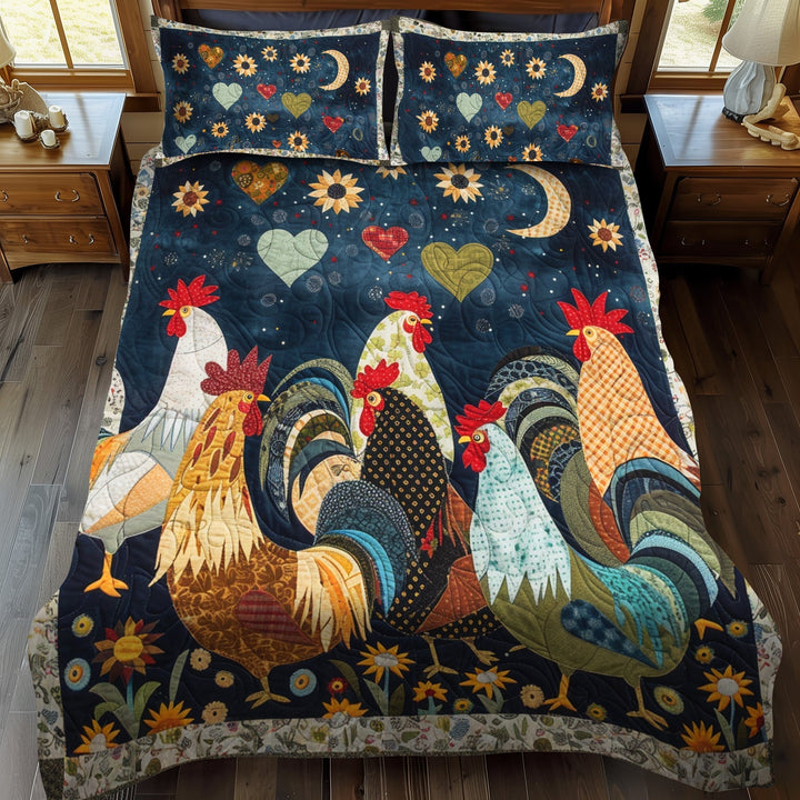 Night Roosters 3-Piece Quilted Bedding Set