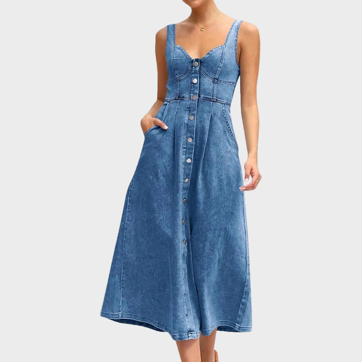 Aneta – Classic shoulderless denim dresses with buttons at the front