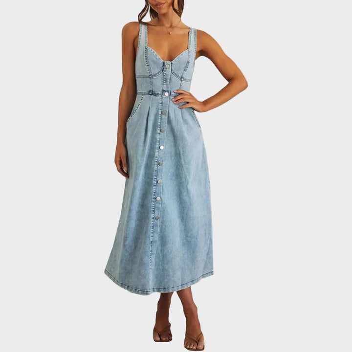 Aneta – Classic shoulderless denim dresses with buttons at the front