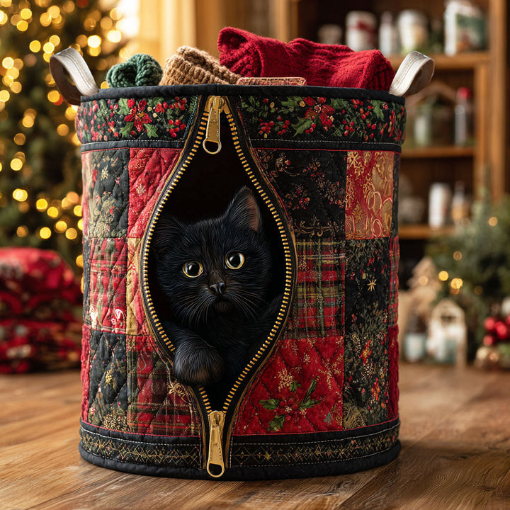 Plaid Zipper Cat Quilted Laundry Basket