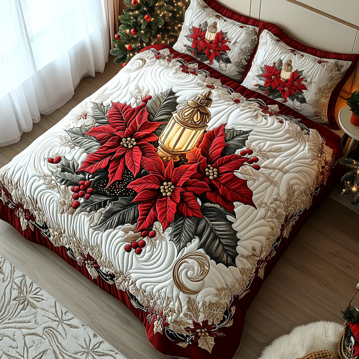 Poinsettia Warmth 3-Piece Quilted Bedding Set