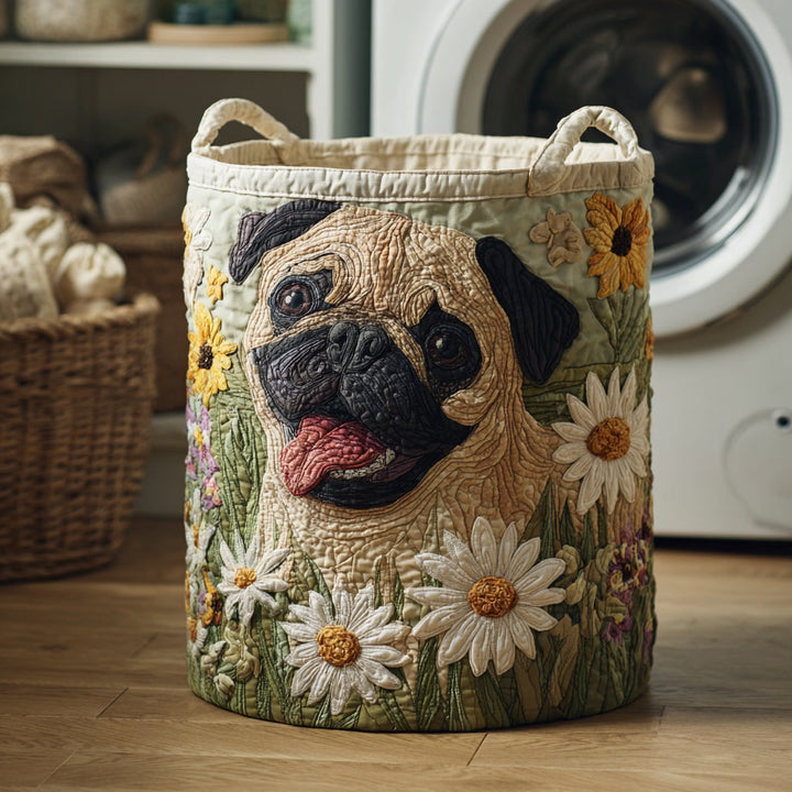Pug in Daisies Quilted Laundry Basket