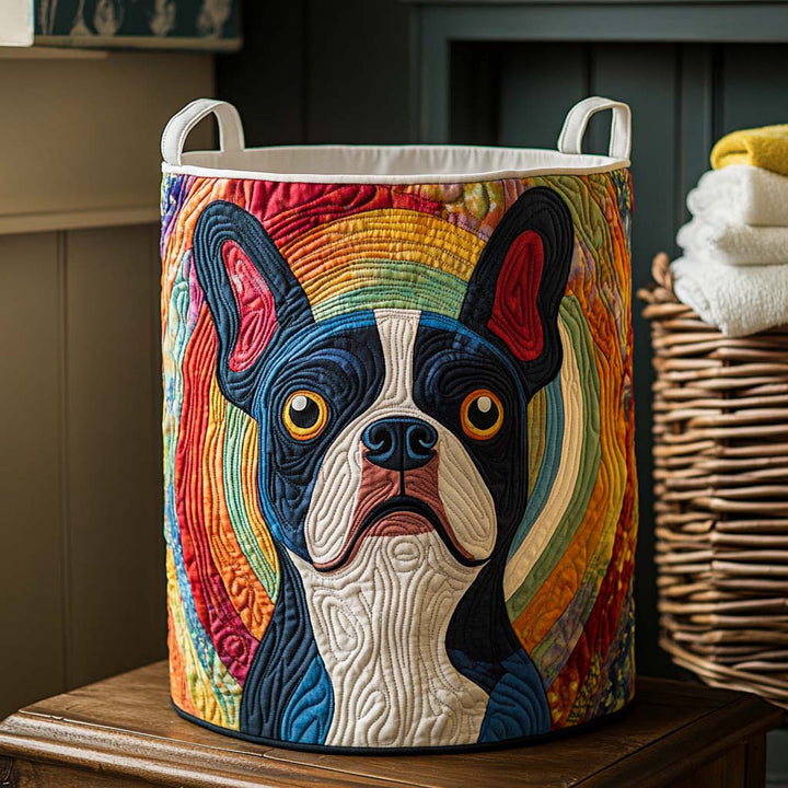 Rainbow Boston Terrier Quilted Laundry Basket
