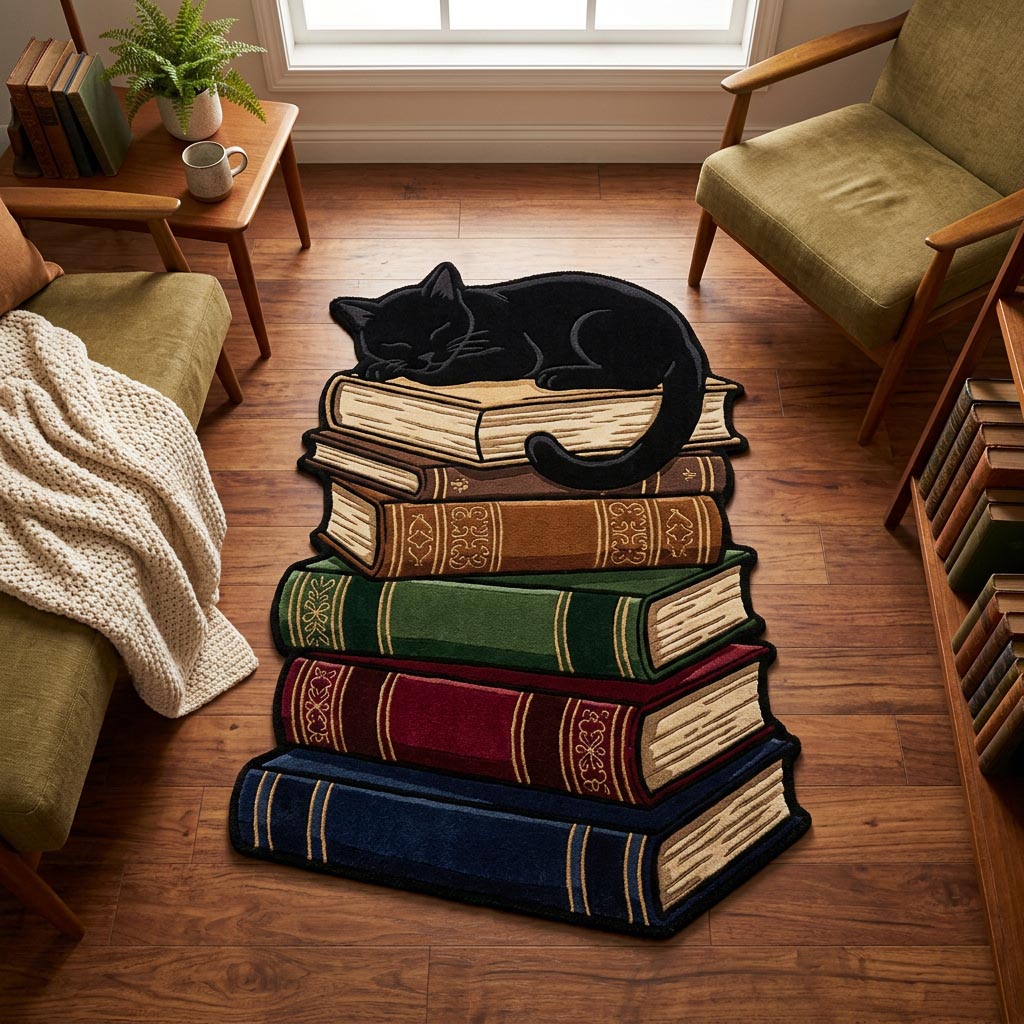 Reading Cat Custom Shape Area Rug