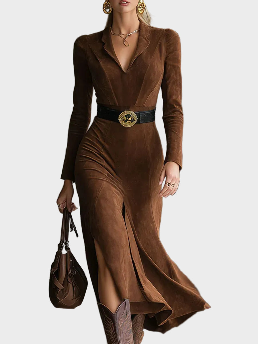 Retro western style with faux suede collar, midi slit