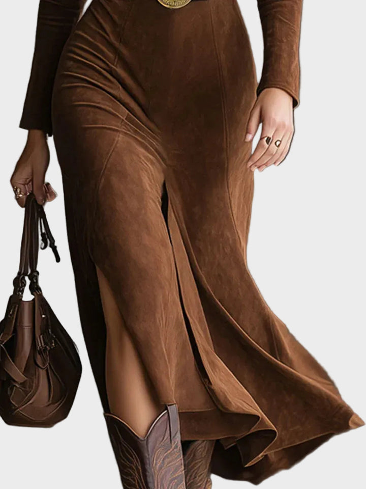 Retro western style with faux suede collar, midi slit