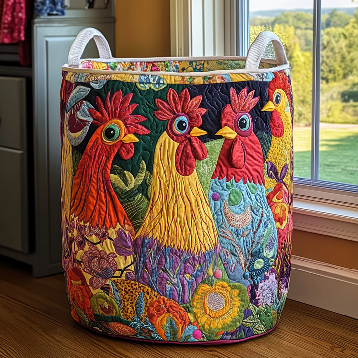 Rooster Parade Quilted Laundry Basket