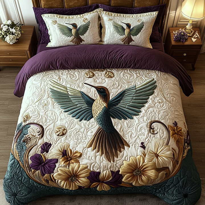 Royal Hummingbird 3-Piece Quilted Bedding Set