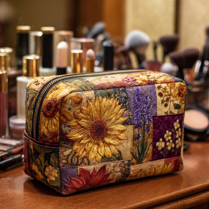 Rustic Sunflower Quilted Makeup Bag