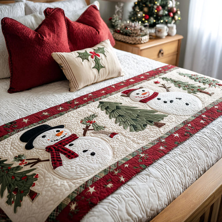 Smiling Snowman Quilted Bed Runner