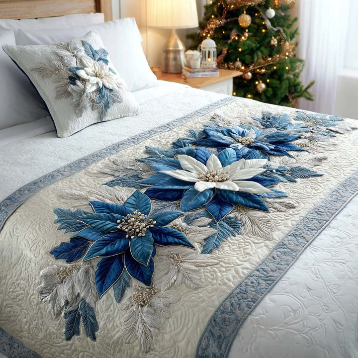 Snow Poinsettia Quilted Bed Runner