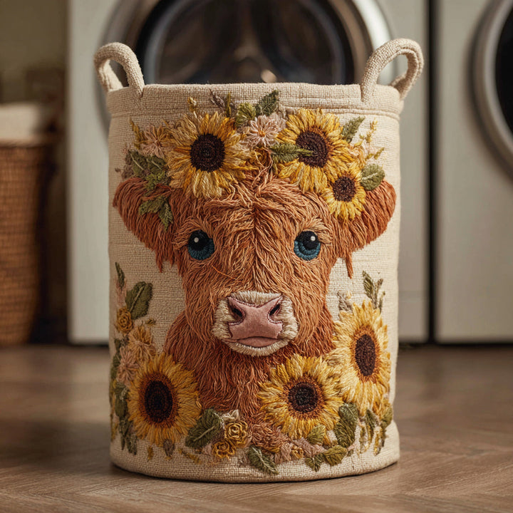 Sunflower Highland Cow Quilted Laundry Basket