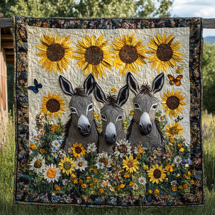 Sunflowers Charming Donkeys Quilted Blanket