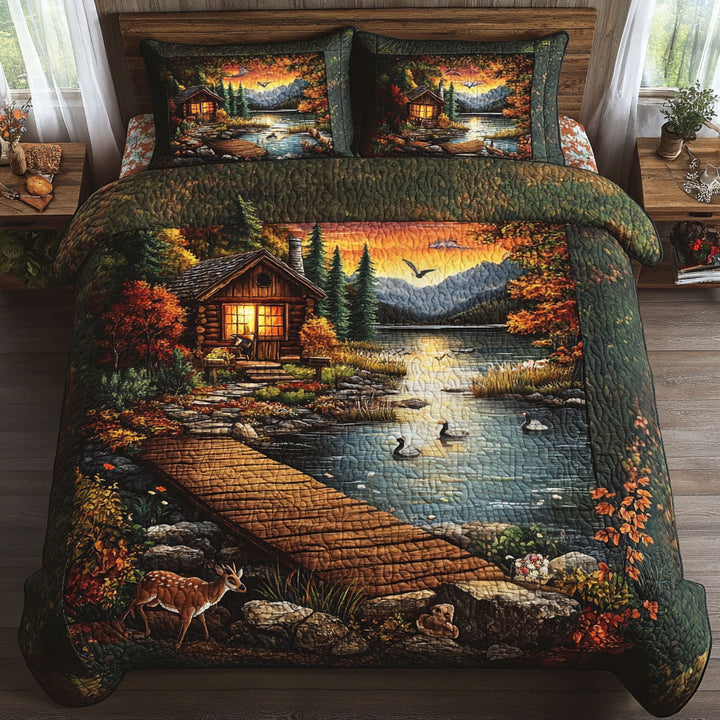 Sunset Cabin Lake 3-Piece Quilted Bedding Set