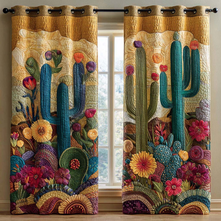 Teal Bloom Cactus Quilted Curtains