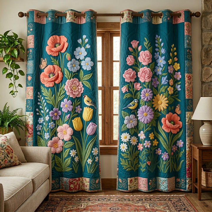 Teal Blossom Quilted Curtains