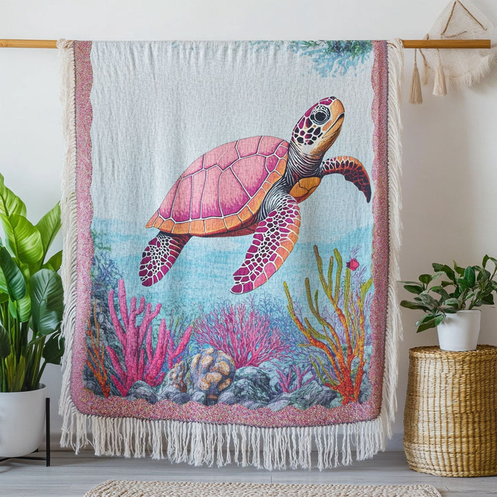 Vibrant Coral Turtle Woven Sofa Blanket