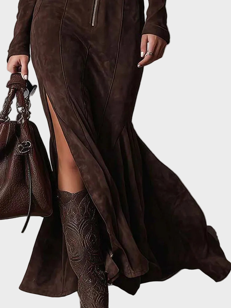 Adrianna - Brown suede maxi dress with a belt and zipper