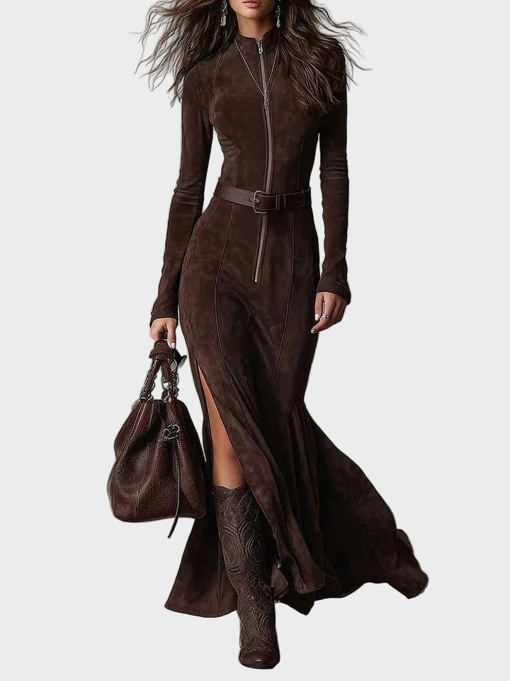 Adrianna - Brown suede maxi dress with a belt and zipper