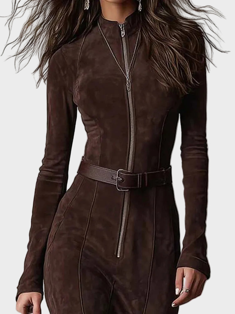 Adrianna - Brown suede maxi dress with a belt and zipper