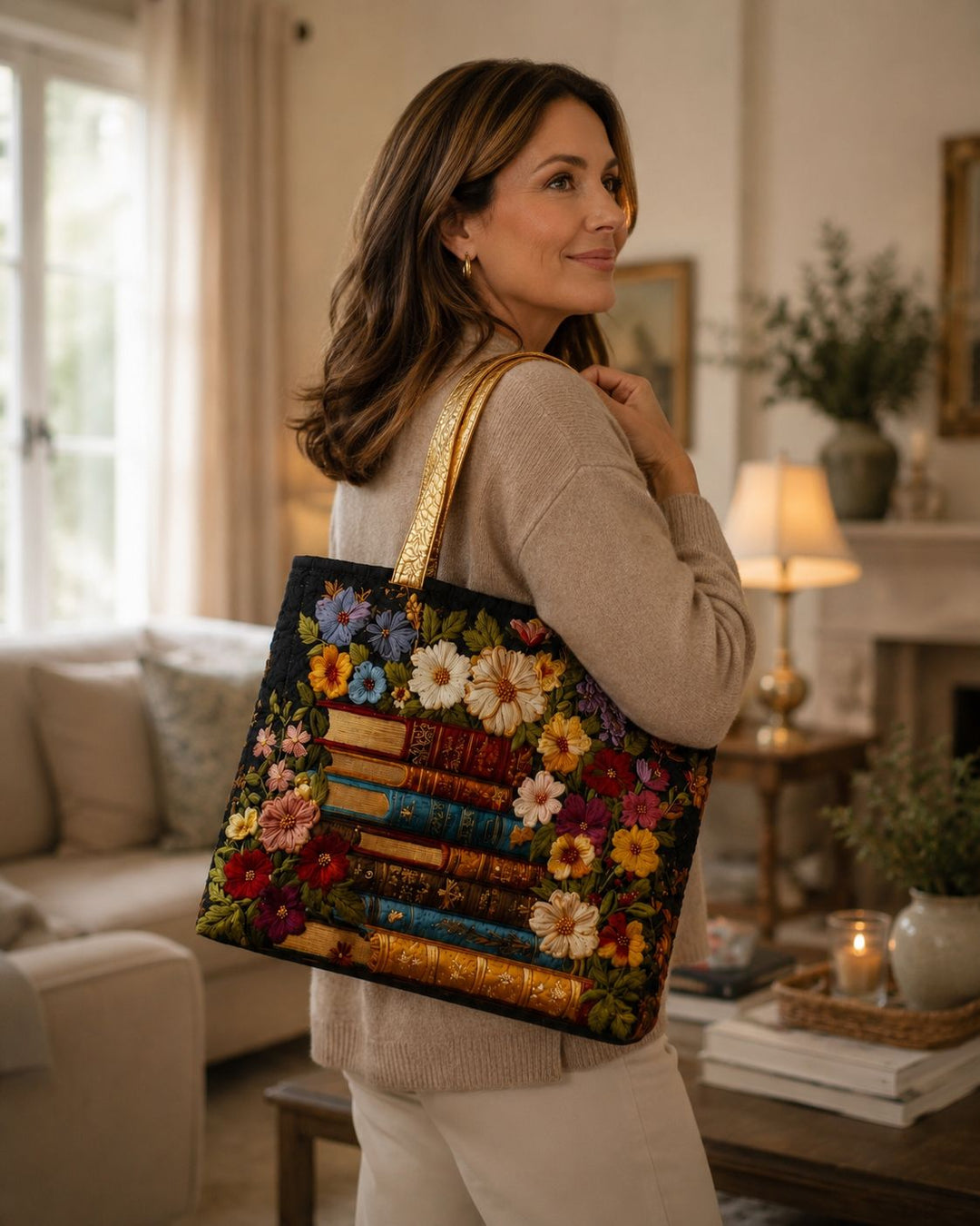 Quilted Tote Bag - Floral and book print