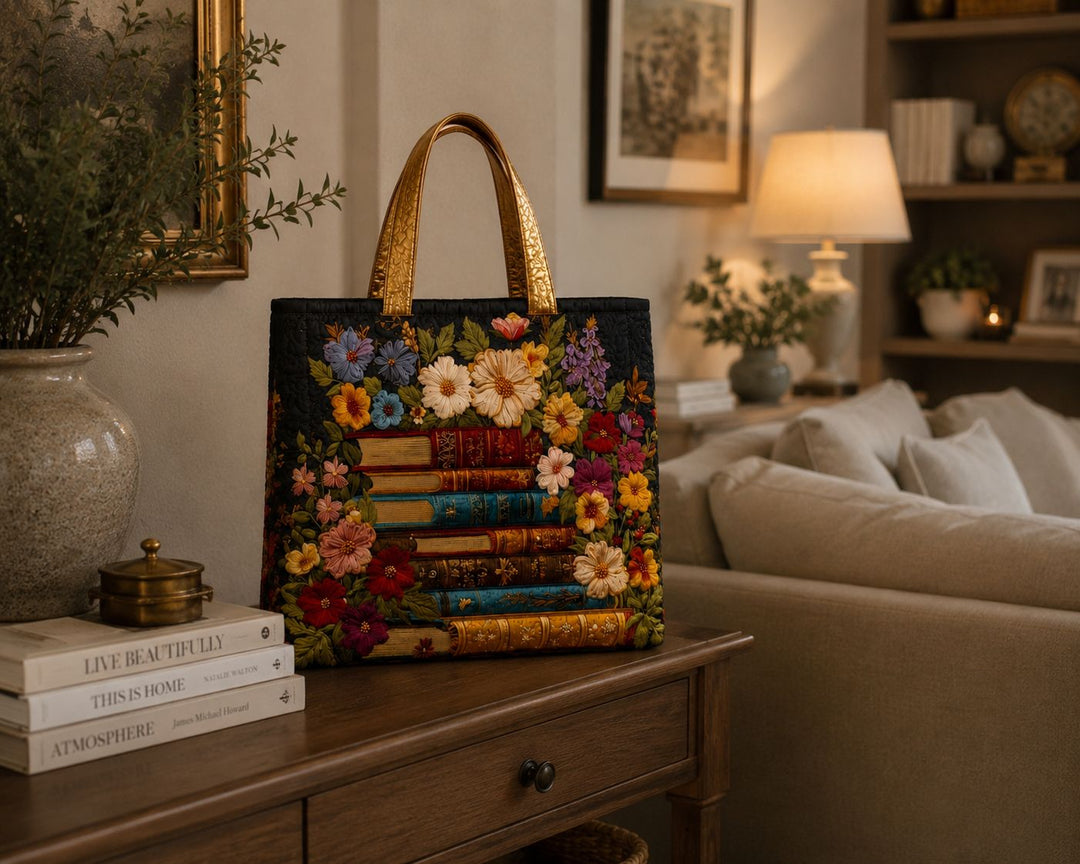 Quilted Tote Bag - Floral and book print