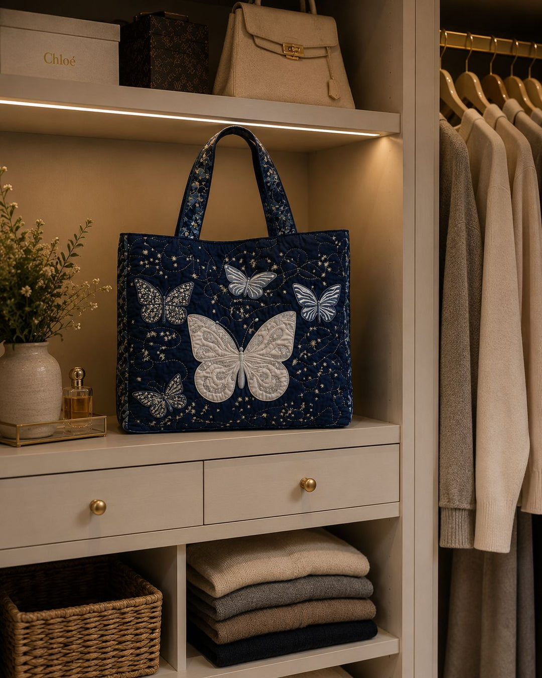 Quilted Tote Bag - Silver Butterfly
