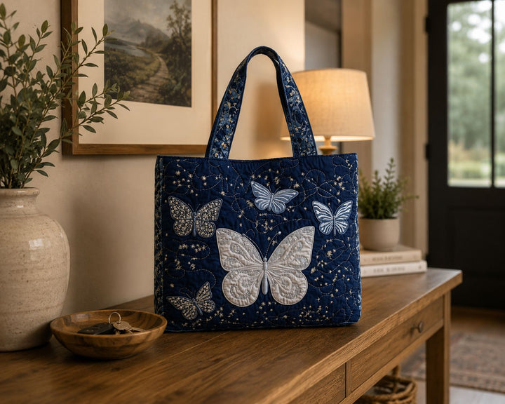 Quilted Tote Bag - Silver Butterfly