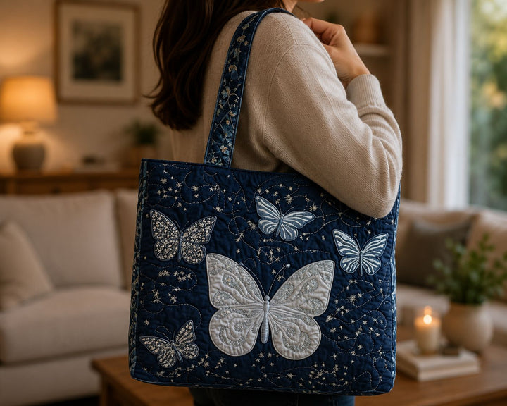 Quilted Tote Bag - Silver Butterfly