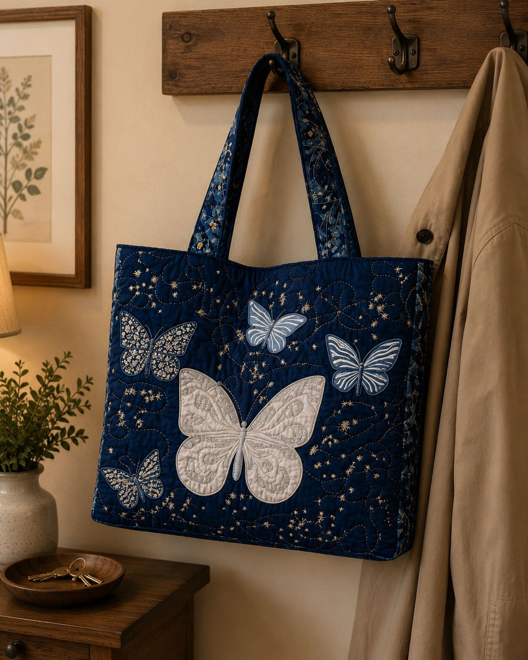 Quilted Tote Bag - Silver Butterfly